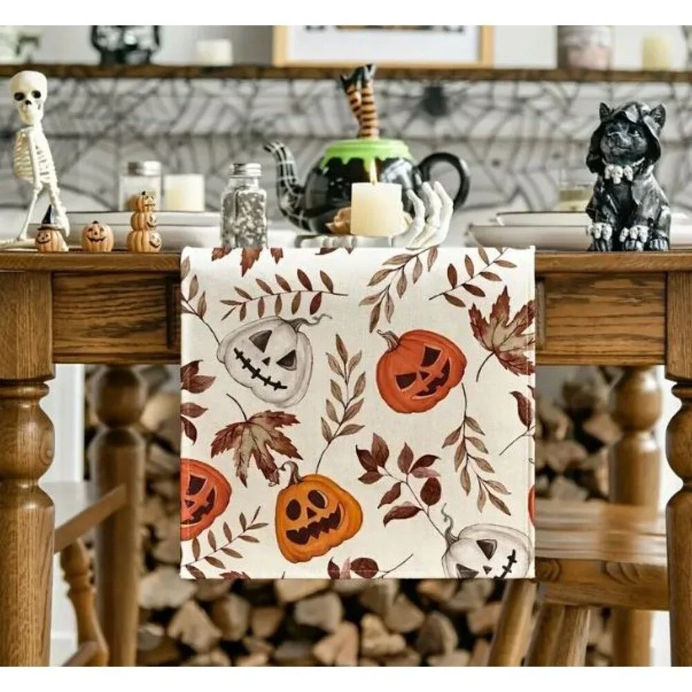 Fall Table Runner 13x72in Linen Pumpkins and Leaves